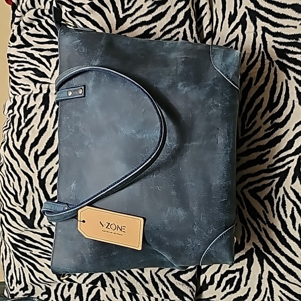 S ZONE large Blue distressed buffalo leather bag
